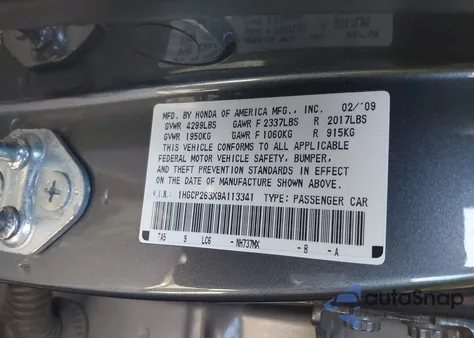 2009 Honda Accord 2.4 Lx z USA, uszkodzony, nr VIN 1HGCP263X9A113341